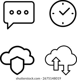 Cuatro iconos de línea simples que representan la seguridad de la nube de comunicación y la silueta de transferencia de datos