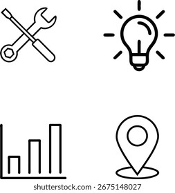 Cuatro iconos de línea simples que representan la silueta de crecimiento y ubicación de la idea de herramientas