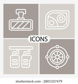 Four simple line icons showing projector lamp fan blade fuel pumps steering wheel