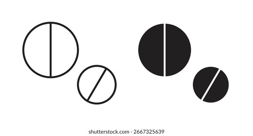 Quatro ícones de pílula simples, dois contornados e dois preenchidos, isolados em um fundo branco. Perfeito para projetos médicos ou farmacêuticos.