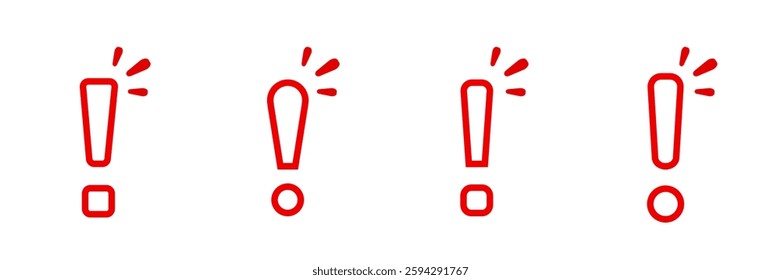 Four simple red exclamation marks stand in a row, each with comic-style emphasis lines.