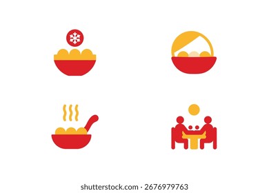 Quatro simples ícones vermelhos amarelos representando comida pessoas tigela