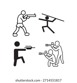 Vier einfache Strichmännchen-Illustrationen von Menschen, die Waffen halten und zielen