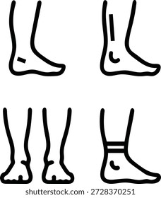 Four simplified iconographic representations of human legs and feet demonstrating different poses and details isolated on transparent background