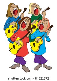 Four singers with guitars organize musical quartet. Vector illustration of a format EPS.