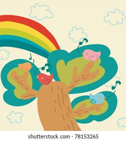 four singing birds on a tree