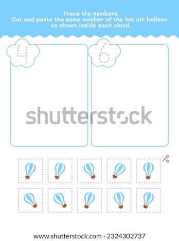 Four And Six Count And Tracing Number Worksheet. Cut And Paste Worksheet With Pictures. Premium Vector Element.