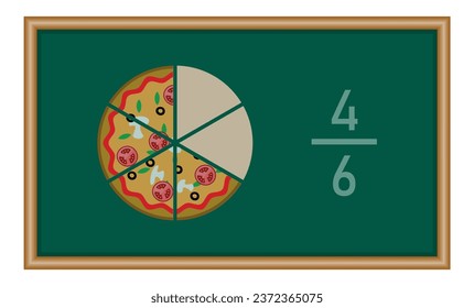 Four sixths pizza fractions. Fraction for kids. Pizza slices. Fraction fun with pizza. vector illustration isolated on chalkboard.