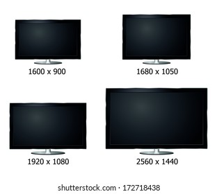 four sizes luxury flat computer display ,television,monitor screen lcd, led with silver edge isolated vector (resolution 2560x1440,1920x1080,1680x1050,1600x900) svg