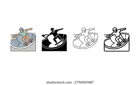 Four skateboarders in different styles ride on ramps with various line art techniques