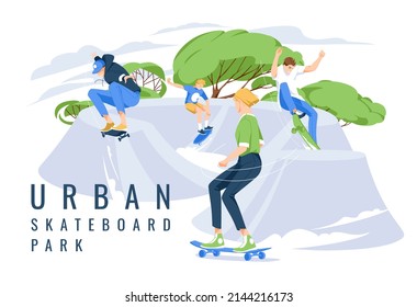 four skateboarders perform tricks in a city park for skateboarders. Extreme sports. Summer mood. Flat vector illustration