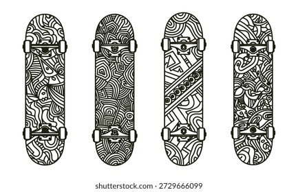 Quatro skates com padrões abstratos únicos em fundo branco