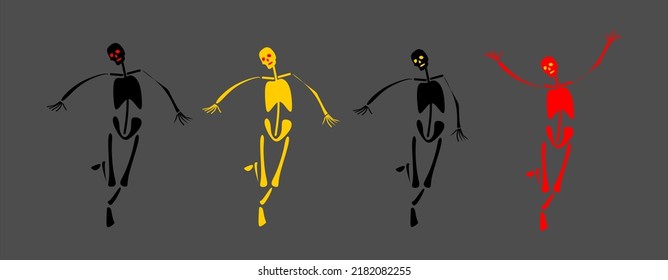 Four skeletons.Yellow, red, black and white skeleton. Flat style. Halloween elements. Simple style.