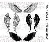 Four sketches of wings. Spread wings and folded against the backdrop of endless stripes in east style.