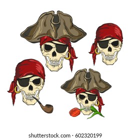Four skulls of pirates, isolated on white background. Vector illustration
