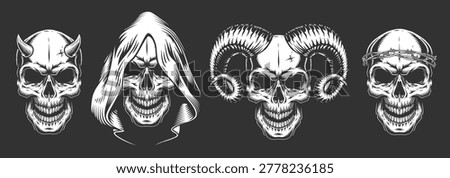 Four skulls are shown with unique designs. Each skull has a different theme including horns a hood and a crown. The artwork is detailed and has a dark background.