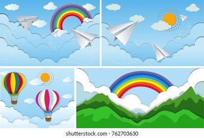 Four sky scenes with rainbow and sun illustration
