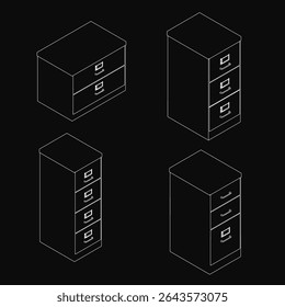 Four sleek black filing cabinets arranged in a row, each featuring four identical drawers for organized storage. The modern design has clean lines and a minimalist aesthetic, set against a dark.