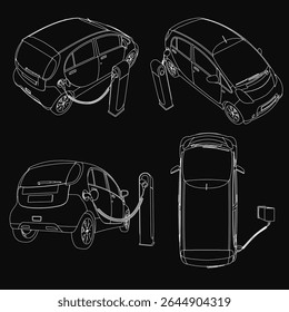 Four sleek electric cars showcased on a black background, arranged in a grid layout. Each vehicle features distinct designs, including unique headlights, grilles, and wheel styles.