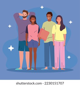 grupo de personajes de modelos de trajes para dormir de cuatro