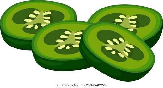 Four slices of jalapeno peppers arranged on a white background, showcasing seeds and vibrant green color, ideal for food and culinary projects