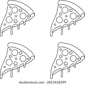 Four slices of pizza with melting cheese and mushrooms arranged in a grid, simple black and white line isolated on a white background