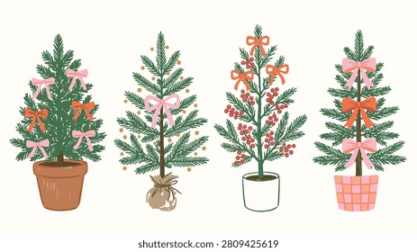 Four small decorated christmas trees with bows berries and ornaments in festive pots creating a cheerful holiday atmosphere