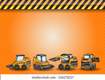 four small excavators on the construction background