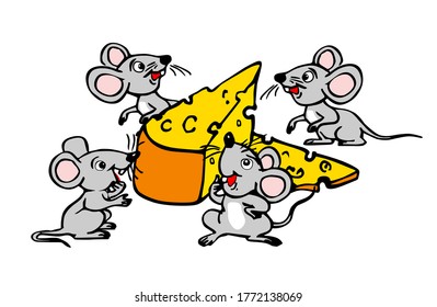 Four small mice found a large piece of cheese. Funny vector illustration on transparent background