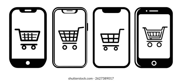 Four smartphone icons displaying a shopping cart symbol, representing online shopping and mobile commerce.