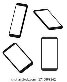 Four smartphone mockups in different 3d projections. Templates for UI design. Black on white background, white screens.