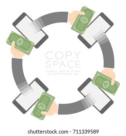 Four Smartphone with pop up hand holding cash circle shape set Currency exchange cash (dollar, euro, pound and yen) concept illustration isolated on white background with copy space