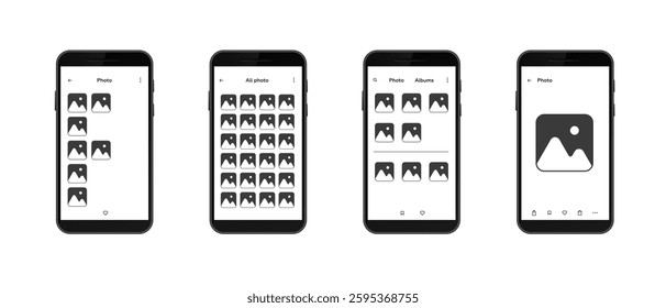Four smartphone screens showcasing unique photo gallery layouts on a mobile interface.