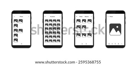 Four smartphone screens showcasing unique photo gallery layouts on a mobile interface.