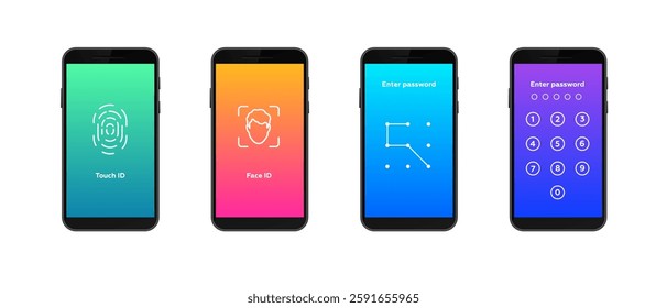 Four smartphones display security options: fingerprint scan, facial recognition, pattern, and numbers.