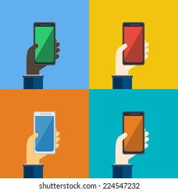 Four smartphones in hands. Mobile apps concept. Vector in flat design.