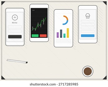Four smartphones on a table display various data and charts. The devices show stock trends, bar graphs, and login screens. A coffee cup is also on the table.