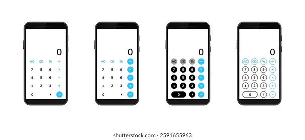 Four smartphones showcasing varying calculator interfaces with numeric keys and function buttons.