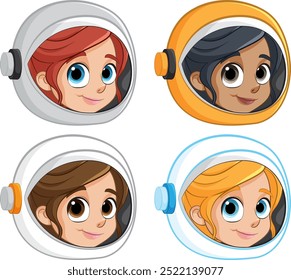 Four smiling astronauts in colorful helmets