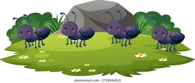 Cuatro hormigas sonrientes de la historieta que se colocan en la hierba verde con las flores, los arbustos, y una roca Grande