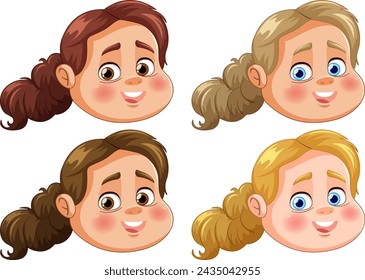 Four smiling cartoon faces of different girls.