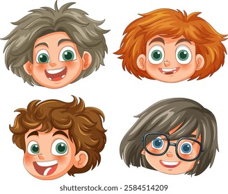 Four smiling cartoon faces with unique hairstyles