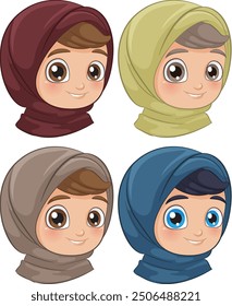 Four smiling characters wearing colorful hijabs