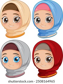 Four smiling characters wearing colorful hijabs