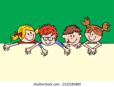 Four smiling children, funny vector illustration, template. Group of girls and boys on green background, creative picture.
