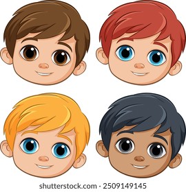 Four smiling children's faces with different hair colors