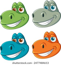 Four smiling dinosaur faces in different colors