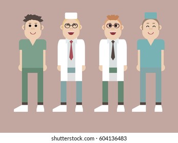 Four smiling doctors characters isolated on light background