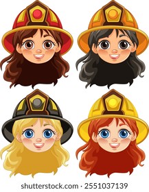 Four smiling female firefighters in colorful helmets