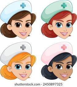Four smiling female nurses with different hair colors